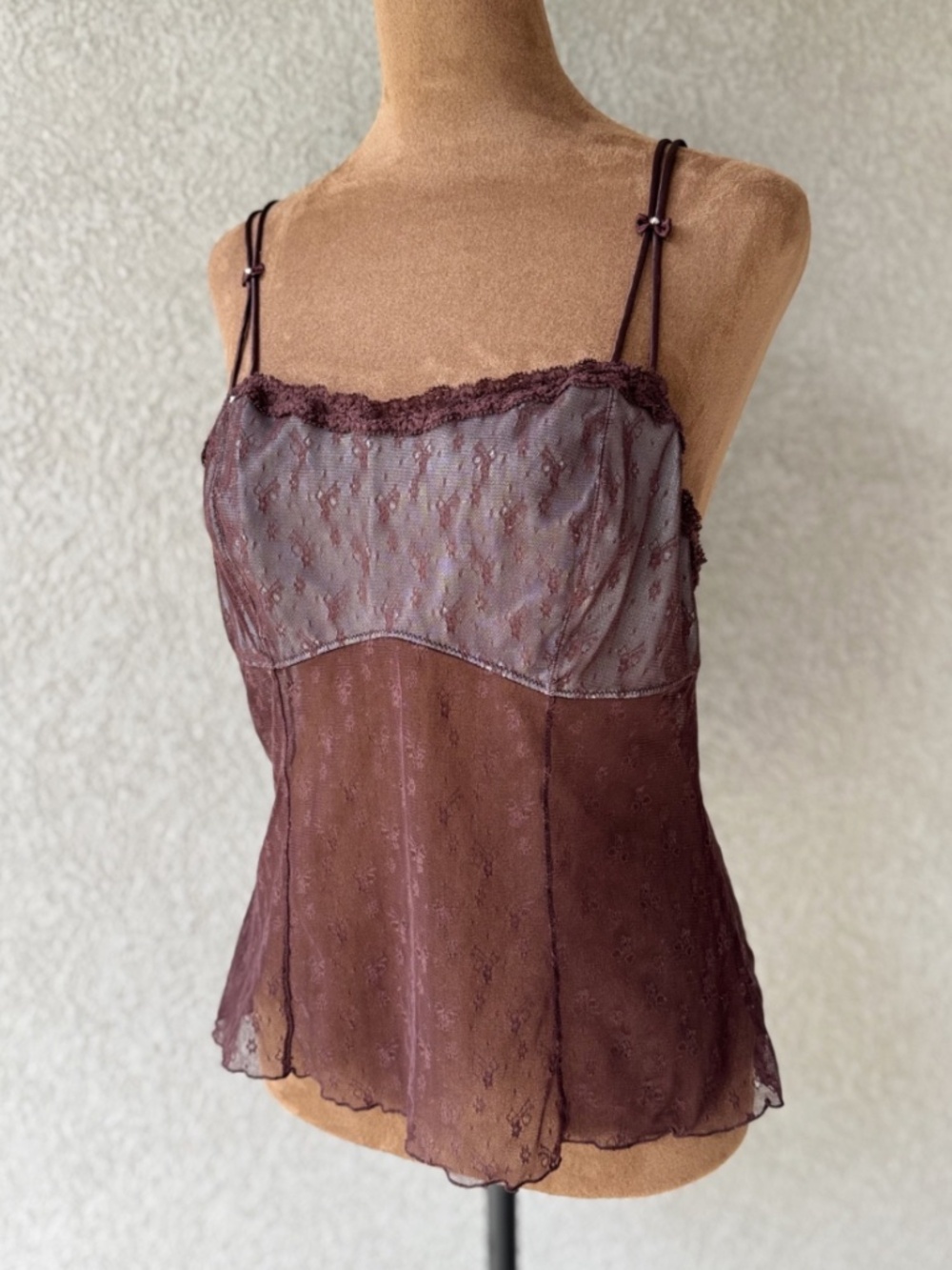 Vintage Jezebel Y2K Brown SemiSheer Lace Women's Cami Tank Top with Rhinestones